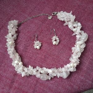 Rose Quartz & Freshwater Pearl Necklace and Earrings Set